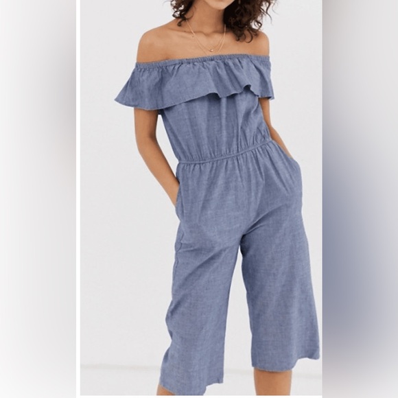Vero Moda Off Shoulder Chambray Jumpsuit Size Medium - Picture 2 of 14